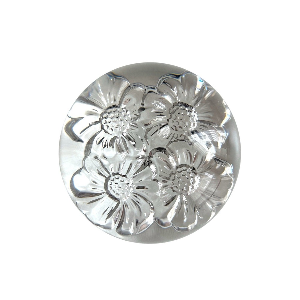 Vintage Art Glass Embossed Daisy Paperweight Floral Late Century Desk Decor